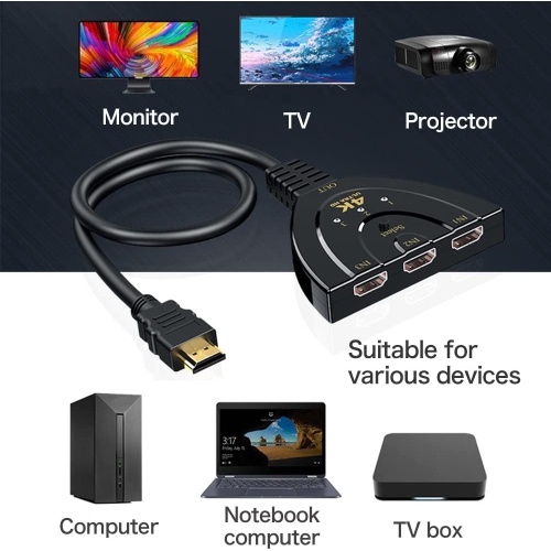4K HDMI Switch 3 in 1 out 4K@30Hz, 3-Port HDMI Splitter Hub Switcher Auto Switching UHD 3D HDR HD 1080P HDCP, for HDTV, PS5/4, Xbox, Fire Stick