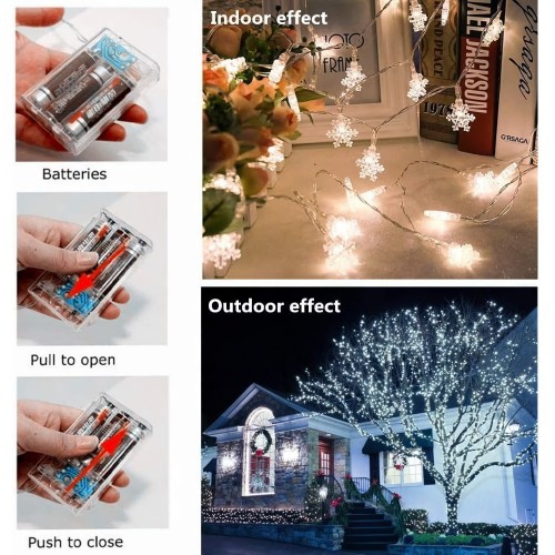 Guirlande de flocon de Noël, jeu de lumières 6&nbsp;M à piles de 40 LED, piles pour la maison, intérieur et extérieur