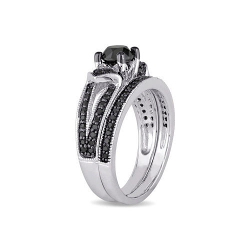 1.12 Carat Black and White Diamond Engagement Ring and Wedding Band Set in Sterling Silver