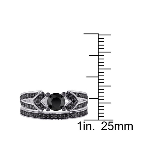 1.12 Carat Black and White Diamond Engagement Ring and Wedding Band Set in Sterling Silver