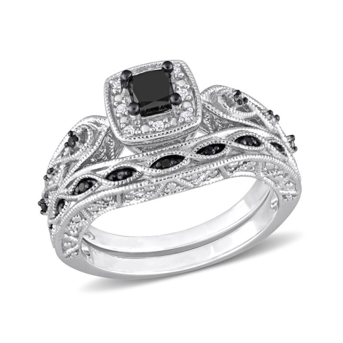 GEM AND HARMONY  2/3 Carat (Ctw) Diamond Engagement Ring And Wedding Band Set In Sterling Silver In Black