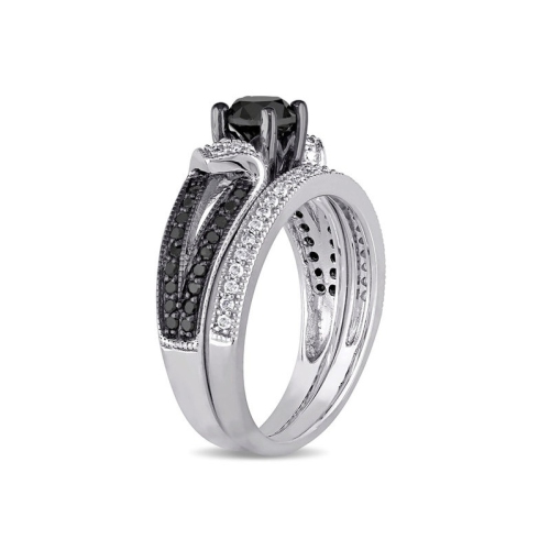 Ensemble nuptial et bague de fiançailles à diamant noir 1.12&nbsp;carat en argent sterling