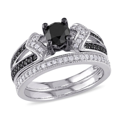 GEM AND HARMONY  1.12 Carat (Ctw) Diamond Engagement Ring And Wedding Band Set In Sterling Silver In Black