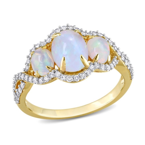 GEM AND HARMONY  1.23 Carat (Ctw) Ethopian Blue Opal Three Stone Ring In 10K Gold With Diamonds In Yellow