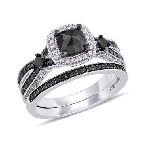 GEM AND HARMONY  1.55 Carat (Ctw) Black And Diamond Engagement Ring And Wedding Band Set In Sterling Silver In White