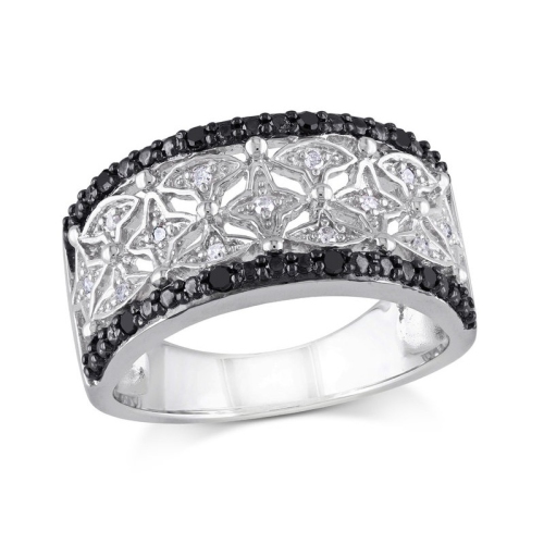 GEM AND HARMONY  1/7 Carat (Ctw) Black And Diamond Ring Band In Sterling Silver In White