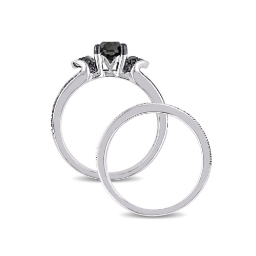 1.12 Carat Black and White Diamond Engagement Ring and Wedding Band Set in Sterling Silver