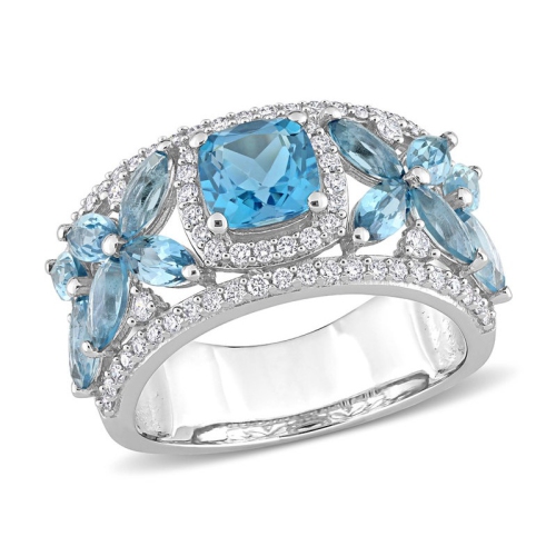 GEM AND HARMONY  3.50 Carat (Ctw) London Topaz Flower Band Ring In 14K White Gold With Diamonds In Blue
