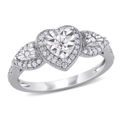 GEM AND HARMONY  3/10 Carat (Ctw) Diamond Three Stone Heart Ring In Sterling In Silver