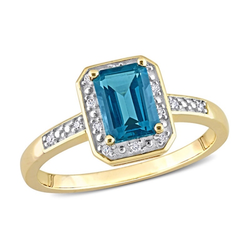 GEM AND HARMONY  1.20 Carat (Ctw) Emerald-Cut London Blue Topaz Ring In 14K Gold With Diamonds In Yellow