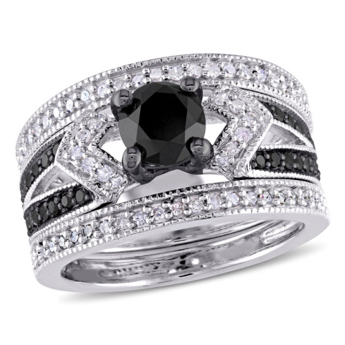 GEM AND HARMONY  1.26 Carat (Ctw) Diamond Engagement Ring And Wedding Band Set In Sterling Silver In Black