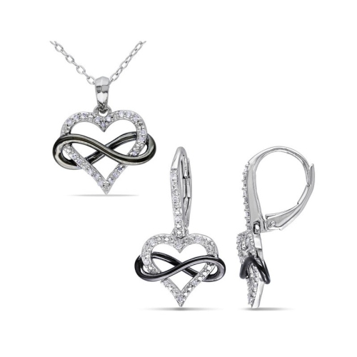 Boucles d'oreilles et pendentif en forme de coeur infini avec diamants 1/6&nbsp;carat en argent sterling