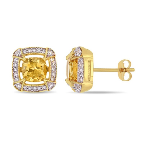 GEM AND HARMONY  1.75 Carat (Ctw) Citrine Halo Stud Earrings In 10K Gold In Yellow