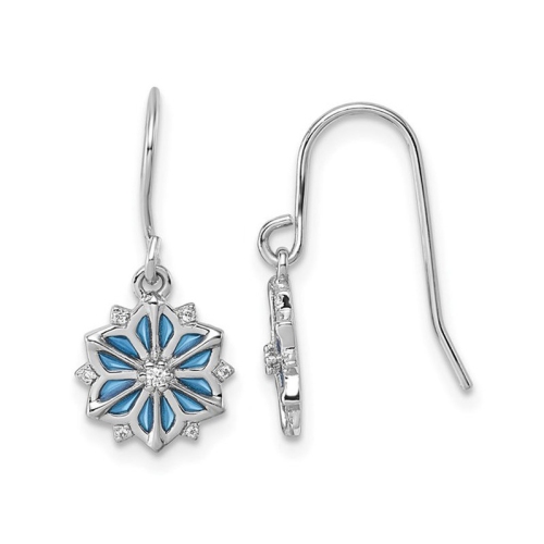 Sterling Silver Winter Snowflake Dangle Drop Earrings with Blue Enamel and Cubic Zirconias