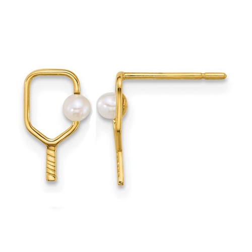 14K Yellow Gold Pickleball Paddle and Pearl Ball Charm Post Earrings