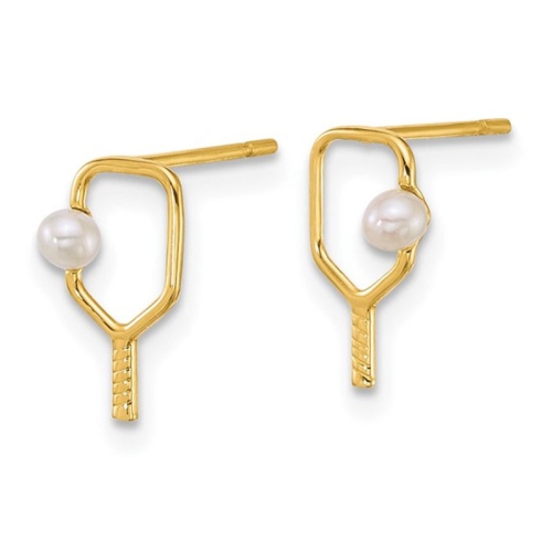 14K Yellow Gold Pickleball Paddle and Pearl Ball Charm Post Earrings