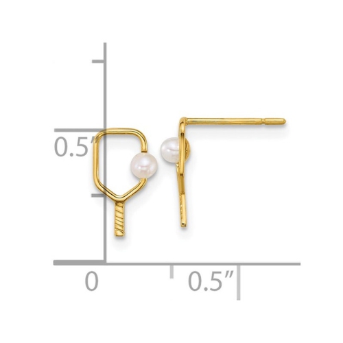 14K Yellow Gold Pickleball Paddle and Pearl Ball Charm Post Earrings