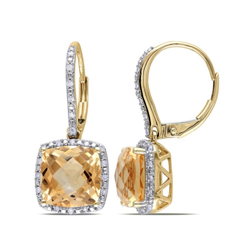 5.80 Carat Citrine Dangle Leverback Earrings in 10K Yellow Gold with Accent Diamonds