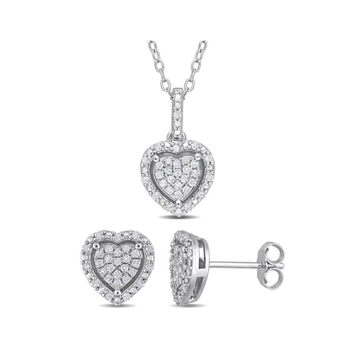 Boucles d'oreilles et pendentif en forme de coeur avec diamants en grappe 2/5&nbsp;carat en argent sterling