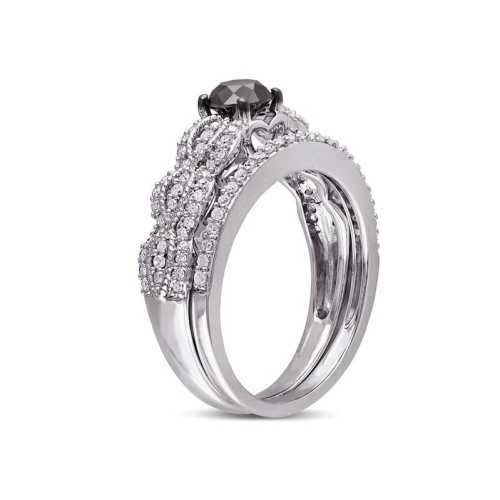 1.00 Carat Black and White Diamond Engagement Ring and Wedding Band Set in Sterling Silver