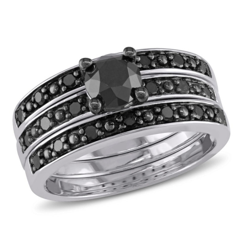 GEM AND HARMONY  1.10 Carat (Ctw) Diamond Engagement Ring And Wedding Band Set In Sterling Silver In Black