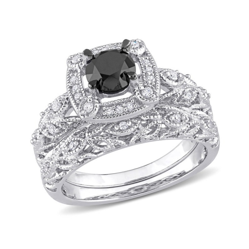 GEM AND HARMONY  1.16 Carat (Ctw) Black And Diamond Engagement Ring And Wedding Band Set In Sterling Silver In White