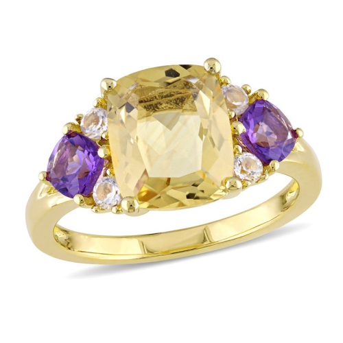 GEM AND HARMONY  3.34 Carat (Ctw) Citrine And African Amethyst Ring In Plated Sterling Silver In Yellow