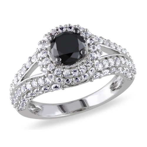 GEM AND HARMONY  1.00 Carat (Ctw) Black Diamond Promise Ring With Lab-Created Sapphires In Sterling Silver In White
