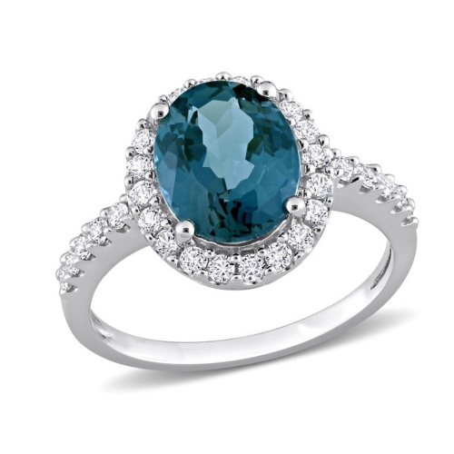 GEM AND HARMONY  4.20 Carat (Ctw) London Topaz And Lab-Created White Sapphire Halo Ring In 10K White Gold In Blue
