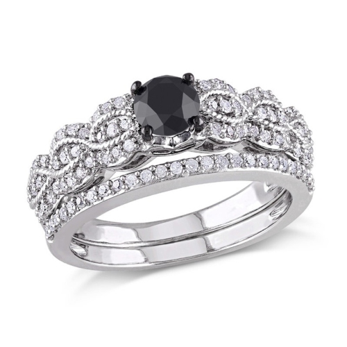 Ensemble nuptial et bague de fiançailles en argent sterling à diamants noirs et blancs 1.00&nbsp;carat