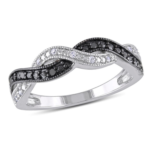 GEM AND HARMONY  1/10 Carat (Ctw) Black & Diamond Infinity Ring Band In Sterling Silver In White