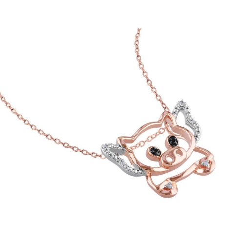 Black and White Accent Diamond Pigs Can Fly Charm Pendant Necklace in Sterling Silver with Chain