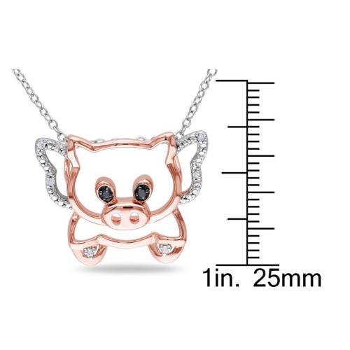 Black and White Accent Diamond Pigs Can Fly Charm Pendant Necklace in Sterling Silver with Chain