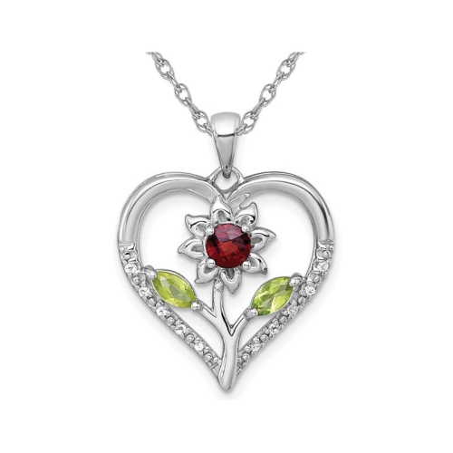 GEM AND HARMONY  3/4 Carat (Ctw) Garnet, Peridot And Topaz Flower Heart Pendant Necklace In Sterling Silver With Chain In White