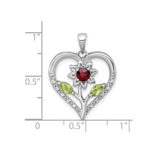 3/4 Carat Garnet, Peridot and White Topaz Flower Heart Pendant Necklace in Sterling Silver with Chain