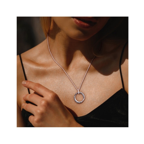 Accent Diamond Circle Pendant Necklace in Sterling Silver with Chain