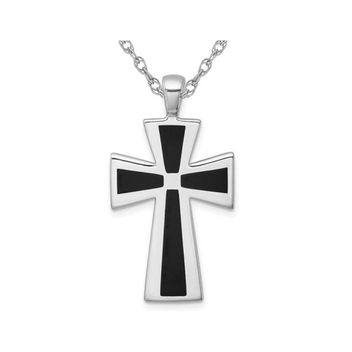 GEM AND HARMONY  Mens Sterling Silver Resin Cross Pendant Necklace With Chain (24 Inches) In Black
