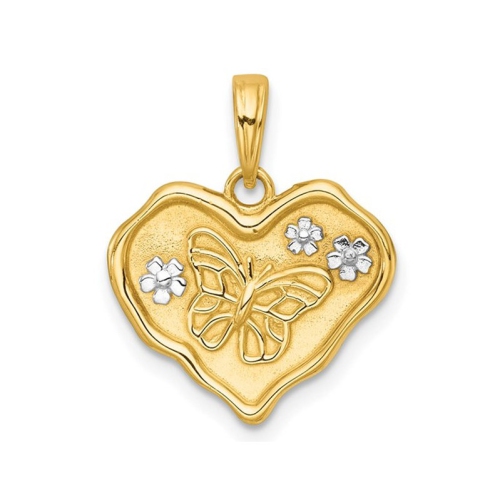 14K Yellow Gold Brushed Butterfly and Flowers Heart Pendant Charm