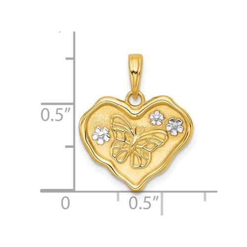 14K Yellow Gold Brushed Butterfly and Flowers Heart Pendant Charm