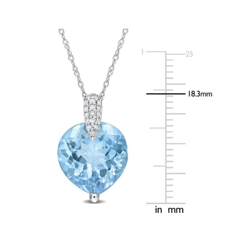 7.00 Carat Blue Topaz Heart Pendant Necklace in 14K White Gold with Chain with Diamonds