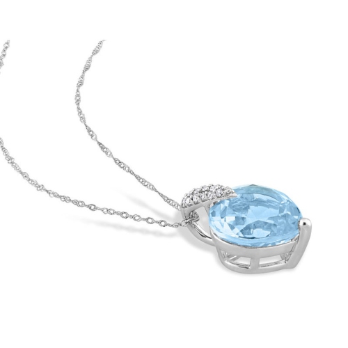 7.00 Carat Blue Topaz Heart Pendant Necklace in 14K White Gold with Chain with Diamonds