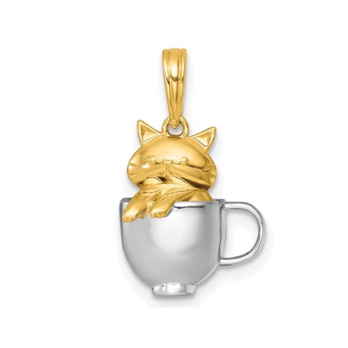 14K Yellow and White Gold Cat in a Mug Charm Pendant