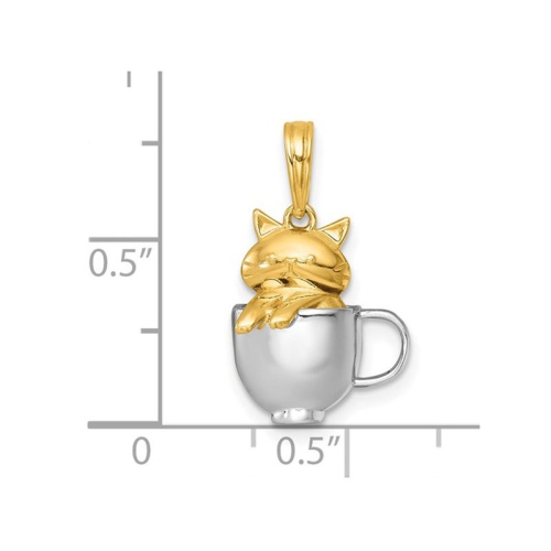 14K Yellow and White Gold Cat in a Mug Charm Pendant