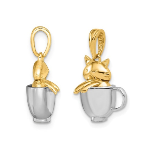 14K Yellow and White Gold Cat in a Mug Charm Pendant