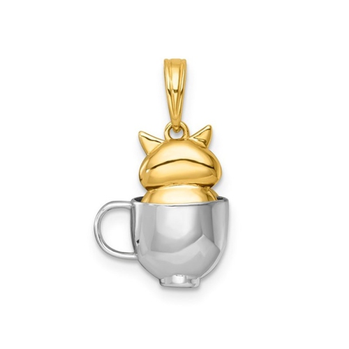 14K Yellow and White Gold Cat in a Mug Charm Pendant