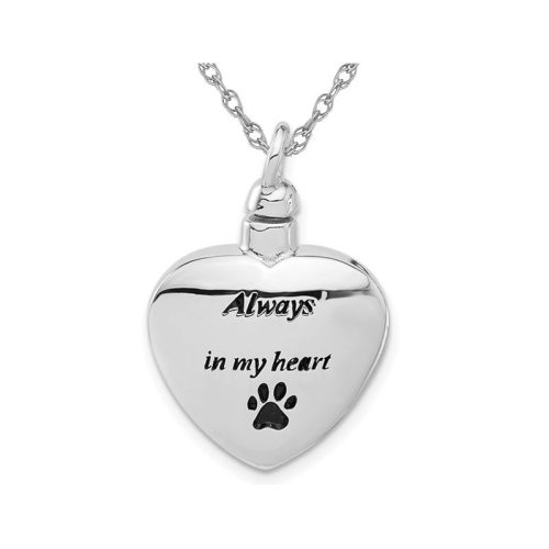 Sterling Silver Heart Paw Print Ash Holder Pendant Necklace with Chain