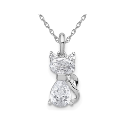 Steling Silver Cat Charm Pendant Necklace with Cubic Zirconias and Chain