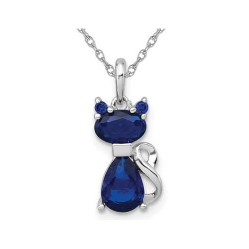 Lab-Created Sapphire Cat Charm Pendant Necklace in Sterling Silver with Chain