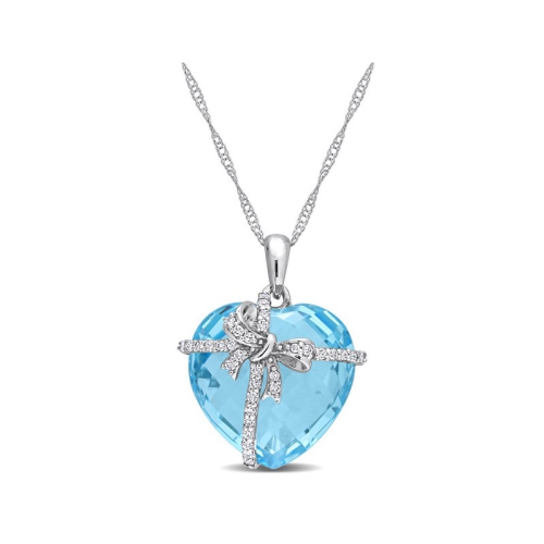 14.50 Carat Blue Topaz Heart Pendant Necklace in 10K White Gold with Chain with Diamonds