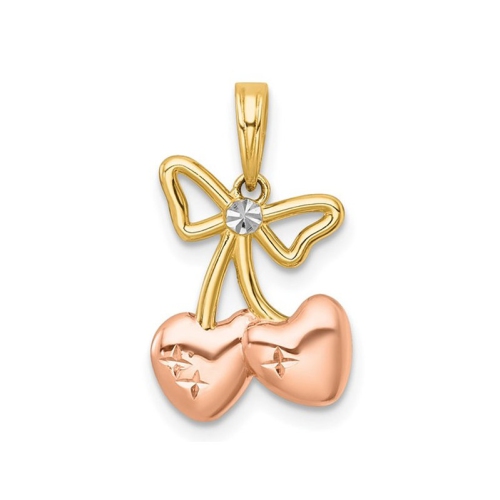 14K Yellow and Rose Gold Heart Cherries and Bow Charm Pendant